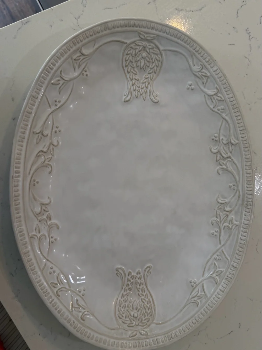 Pottery Barn Cream Ceramic Oval Serving Platter with Embossed Floral Motif